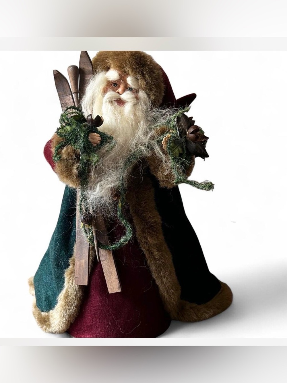 Vintage Santa Claus tree topper with felt coat with faux fur trim 16”